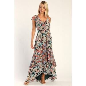 Lulus Radiant Hunter Green Floral Print Chiffon Maxi Dress - Size XXL